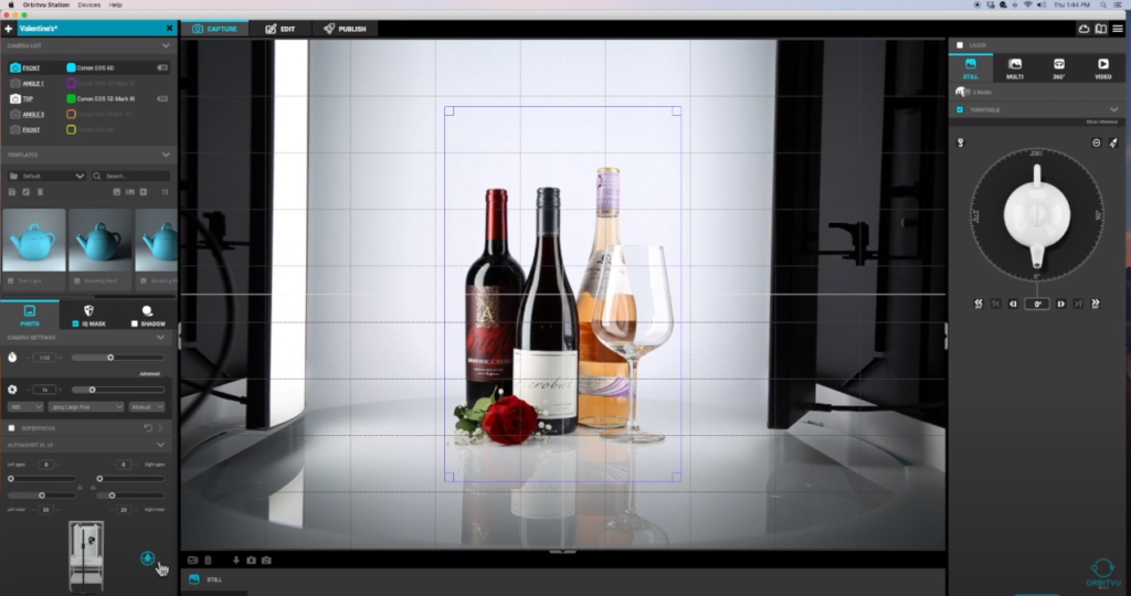 Orbitvu software screen view of photoshoot set-up