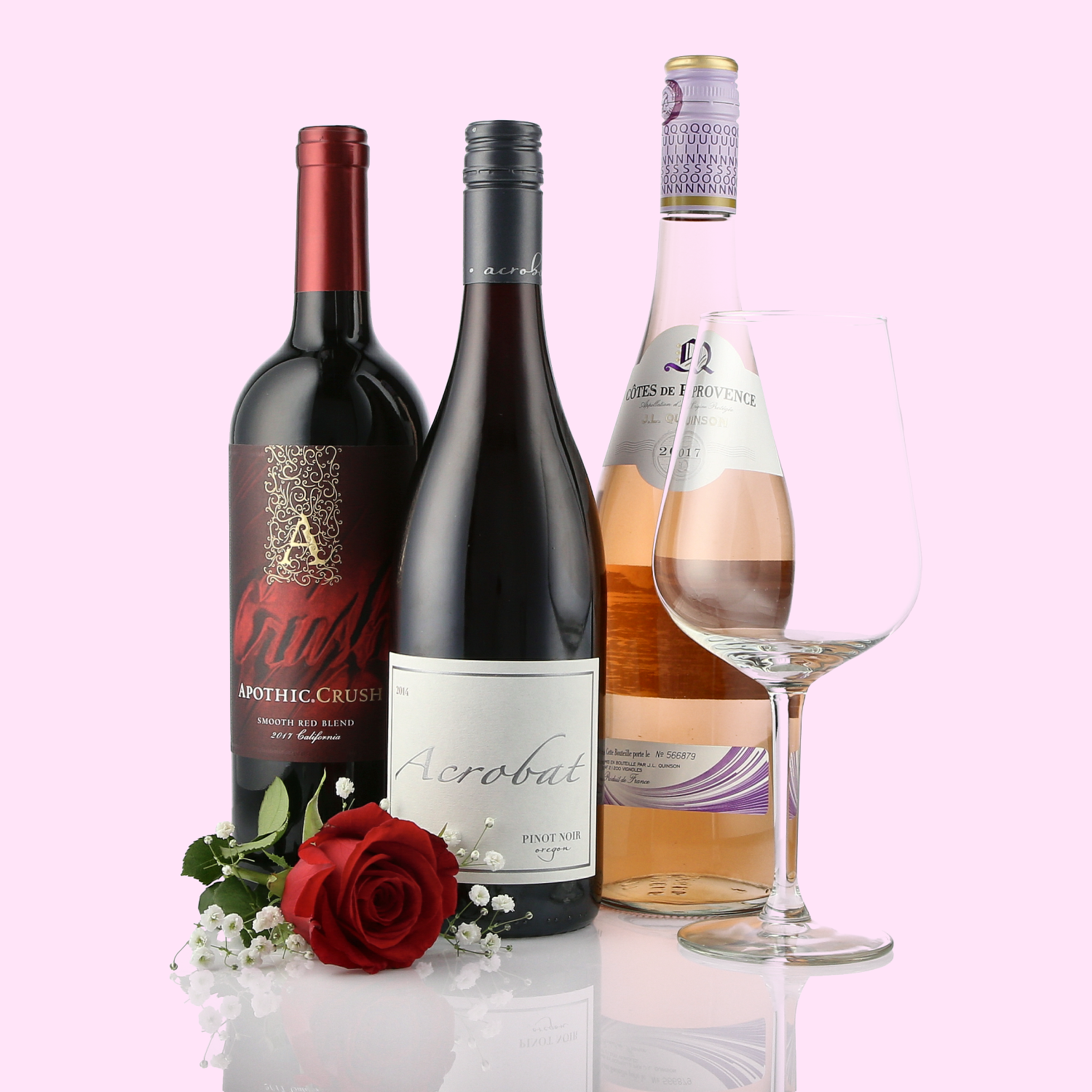 Sample Wine Product image with wine glass and rose on a pink background for Valentine  Social Media Marketing Campaigns