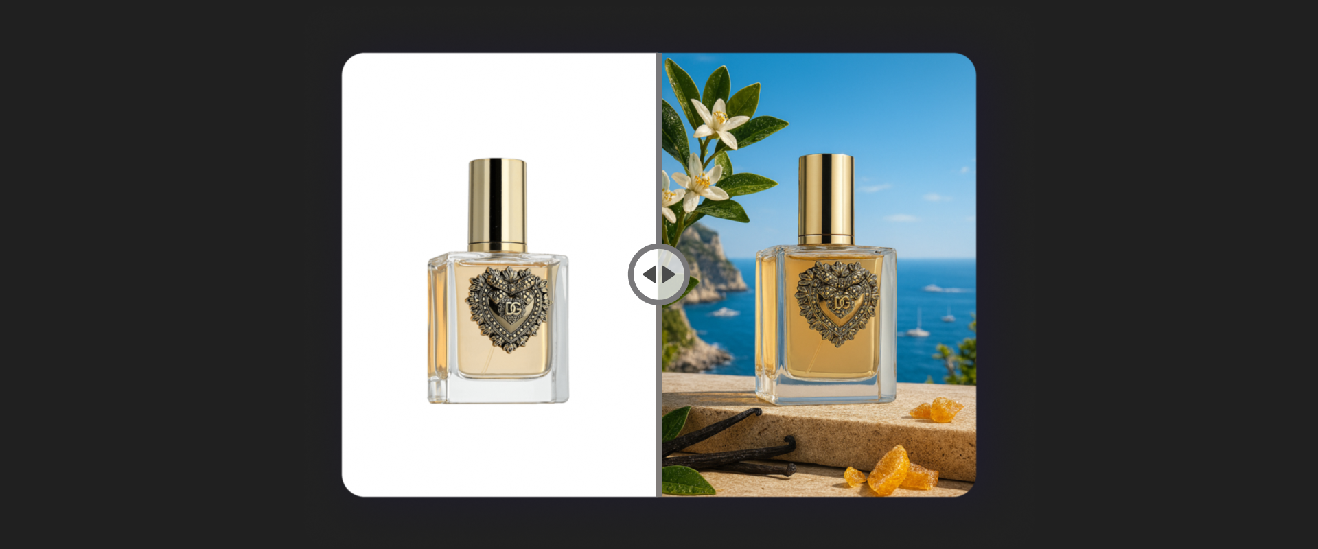 Article banner comparing perfume packshot and AI generative lifestyle photo