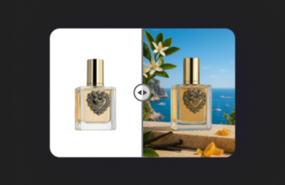 State of generative AI technology for product photography: creating lifestyle perfume shots with AI article teaser banner Article banner comparing perfume packshot and AI generative lifestyle photo