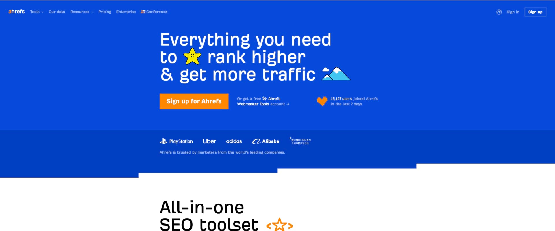 Screenshot of Ahrefs website, main page