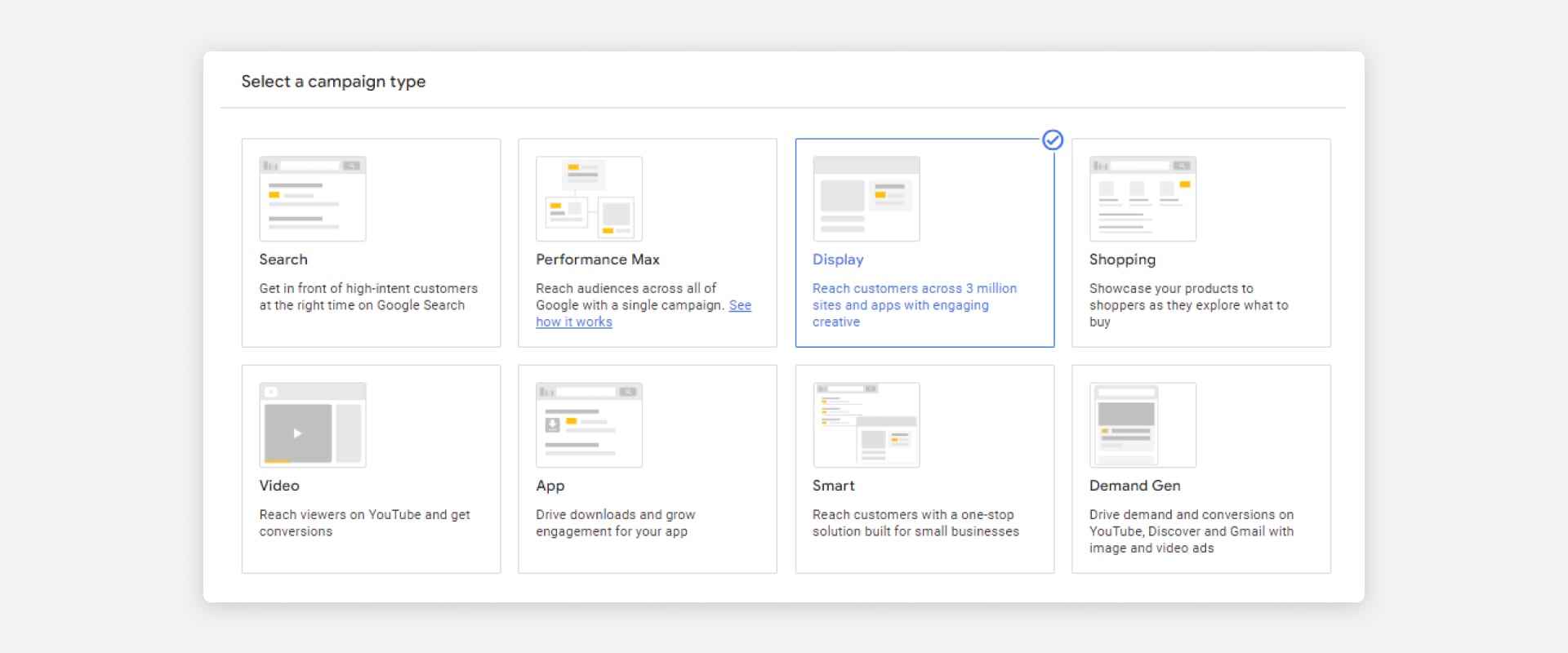 Google Ads screenshot when selecting a campaign type
