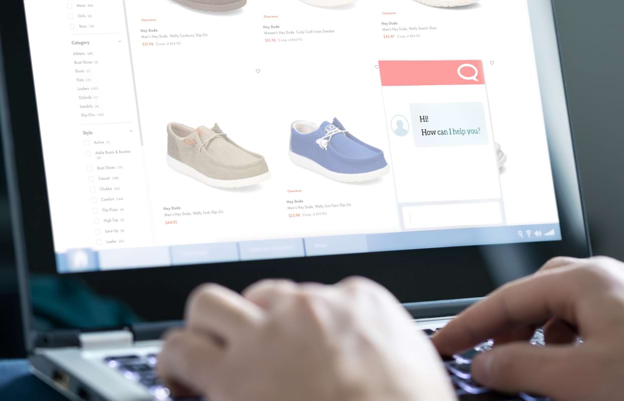 Illustration of a chatbot on an e-commerce website selling shoes 