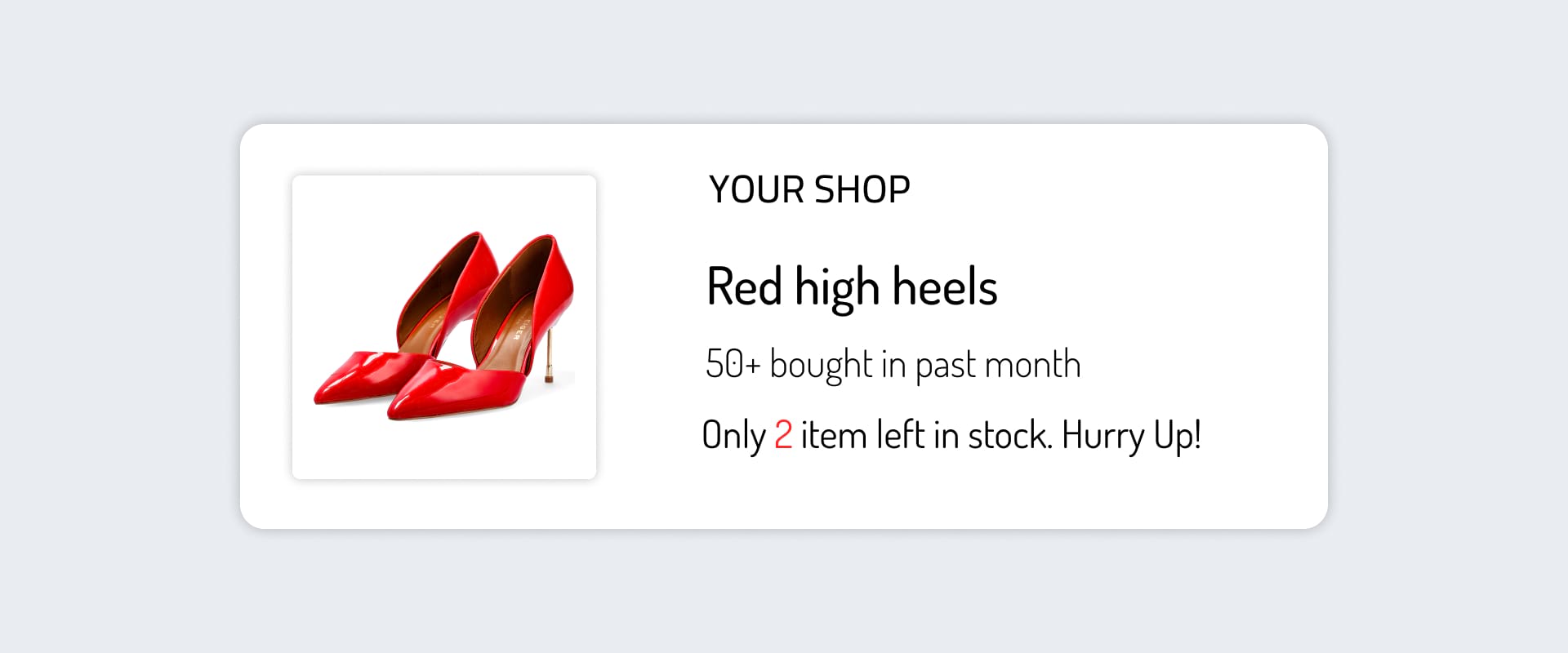 An illustration of the red heels product page with low-stock information