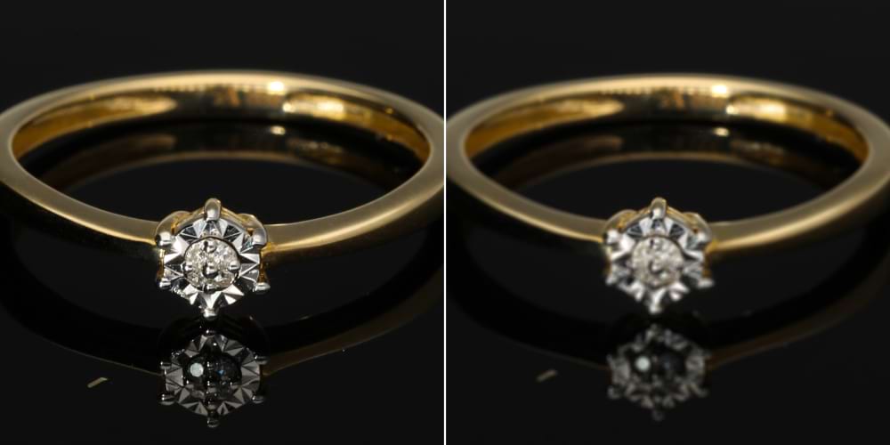 Examples of a sharp photo of a ring and a photo with no focus against a dark background