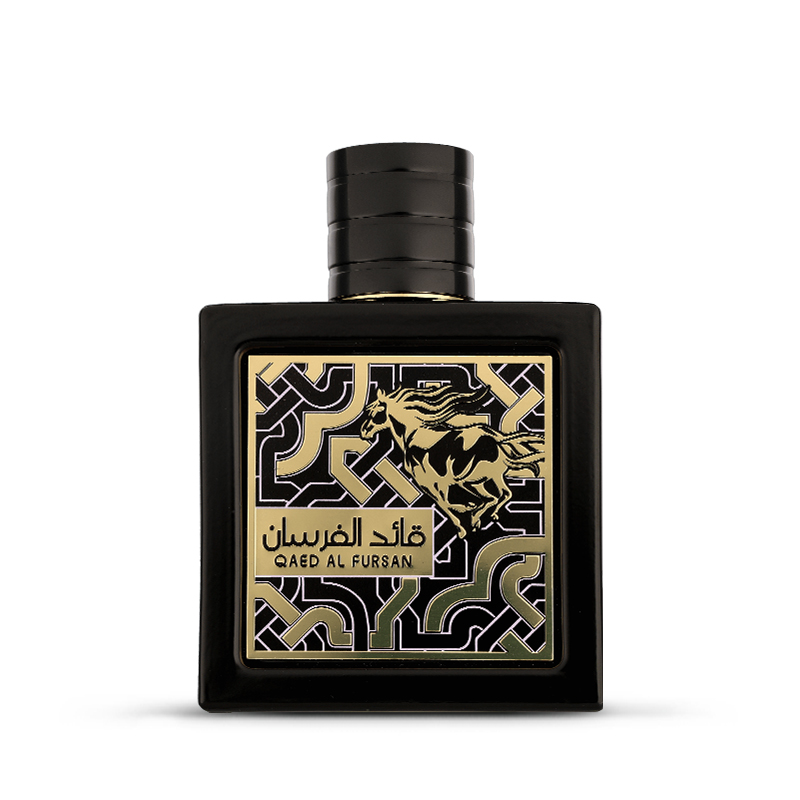 Qaed Al Fursan Lattafa perfume bottle packshot qaed-al-fursan-lattafa-packshot-alphashot-pro-g2-orbitvu-perfume-bottle-AI-generated-background-article