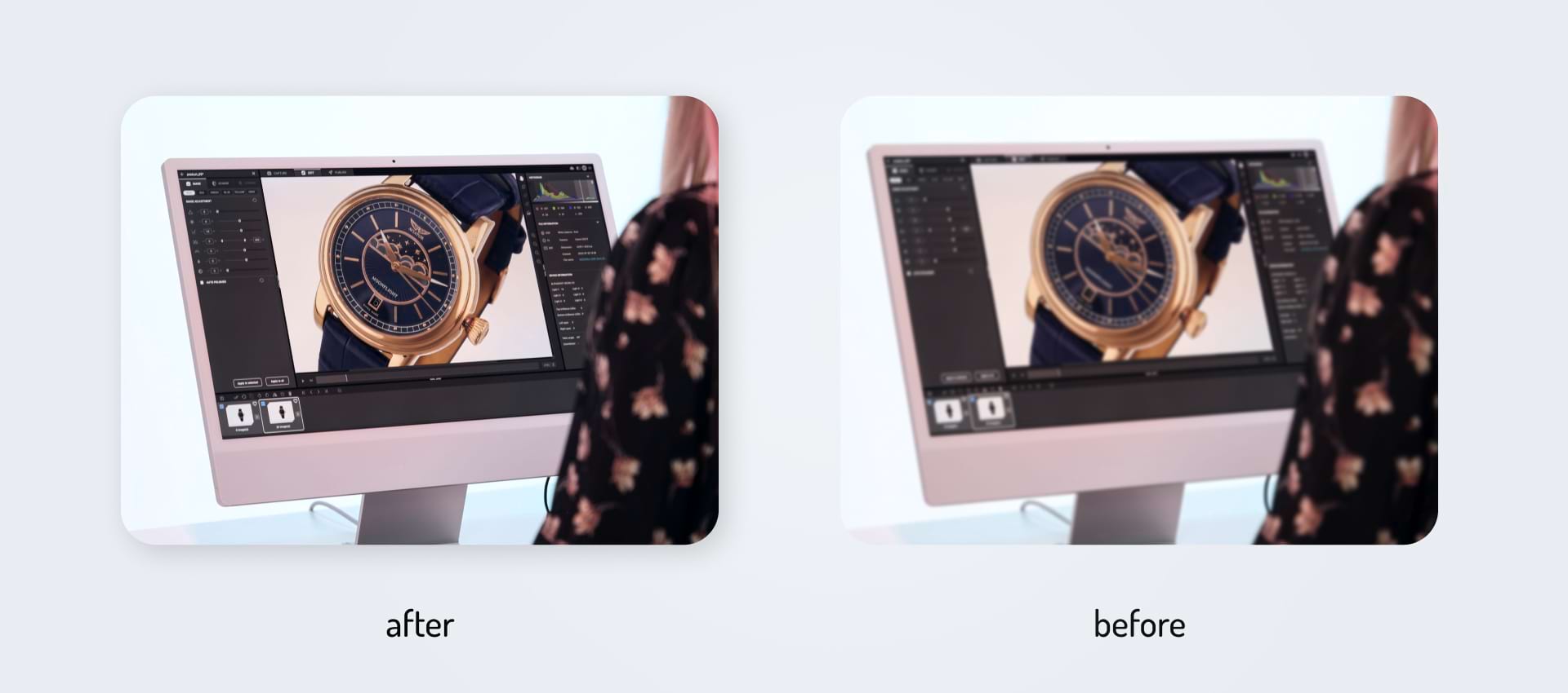 he before and after photos of sharpness correction and noise reduction in post-production process