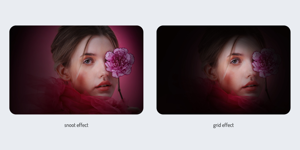 Two images - one with the snoot effect and the other with the grid effect.
