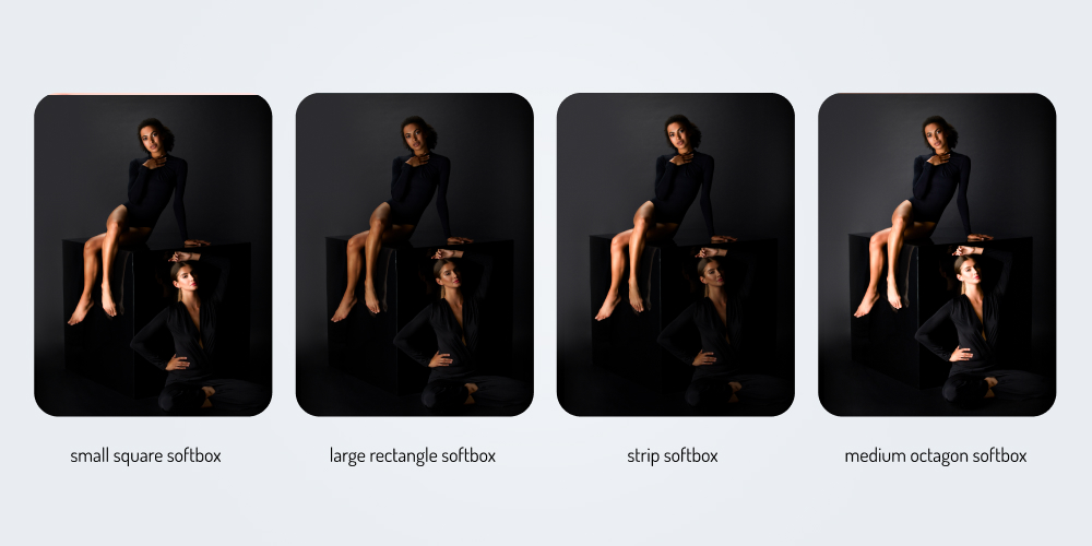 A comparison of small square softbox, large rectangle softbox, strip softbox, and medium octagon softbox