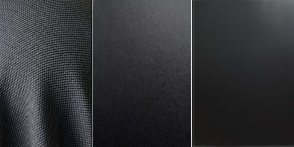 Comparison of light absorption of various black materials (velvet, paper and glossy plastic)