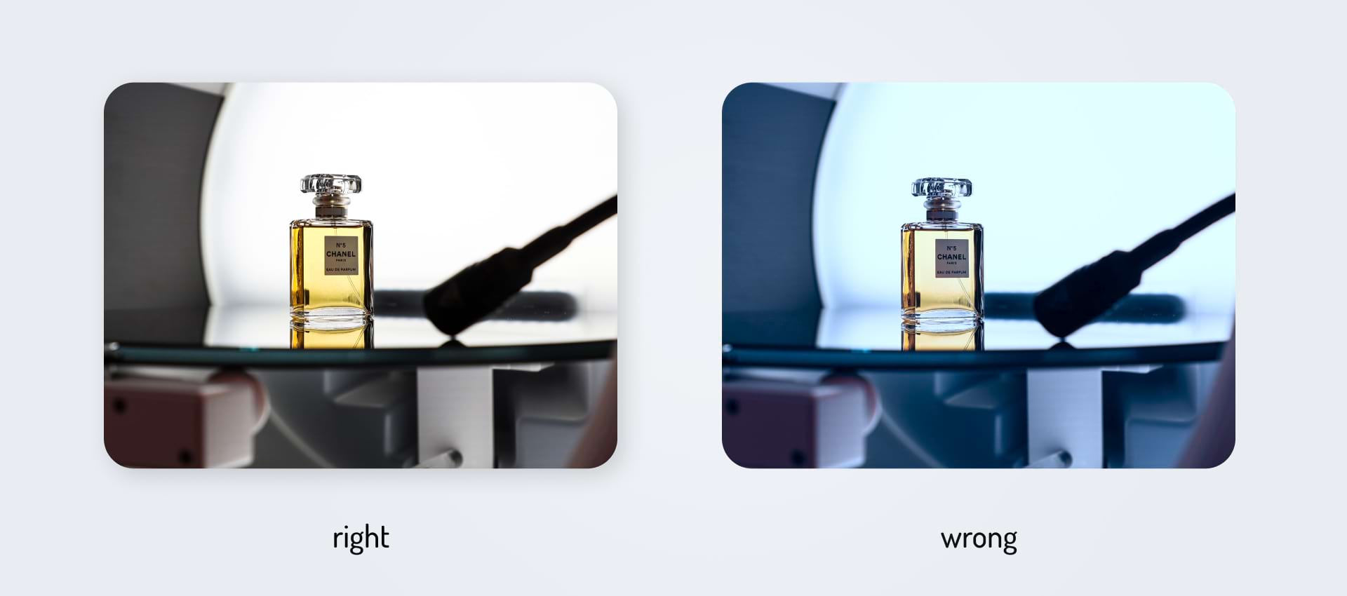 Two photos illustrating two ways to correct white balance in product photography. The left photo is done correctly, the right image is done badly.